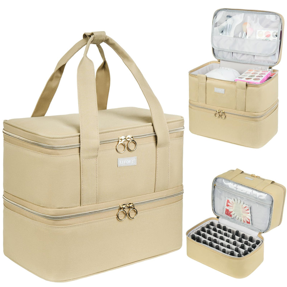 LEFORZ nail polish organizer front view highlights sturdy khaki bag for organized travel.
