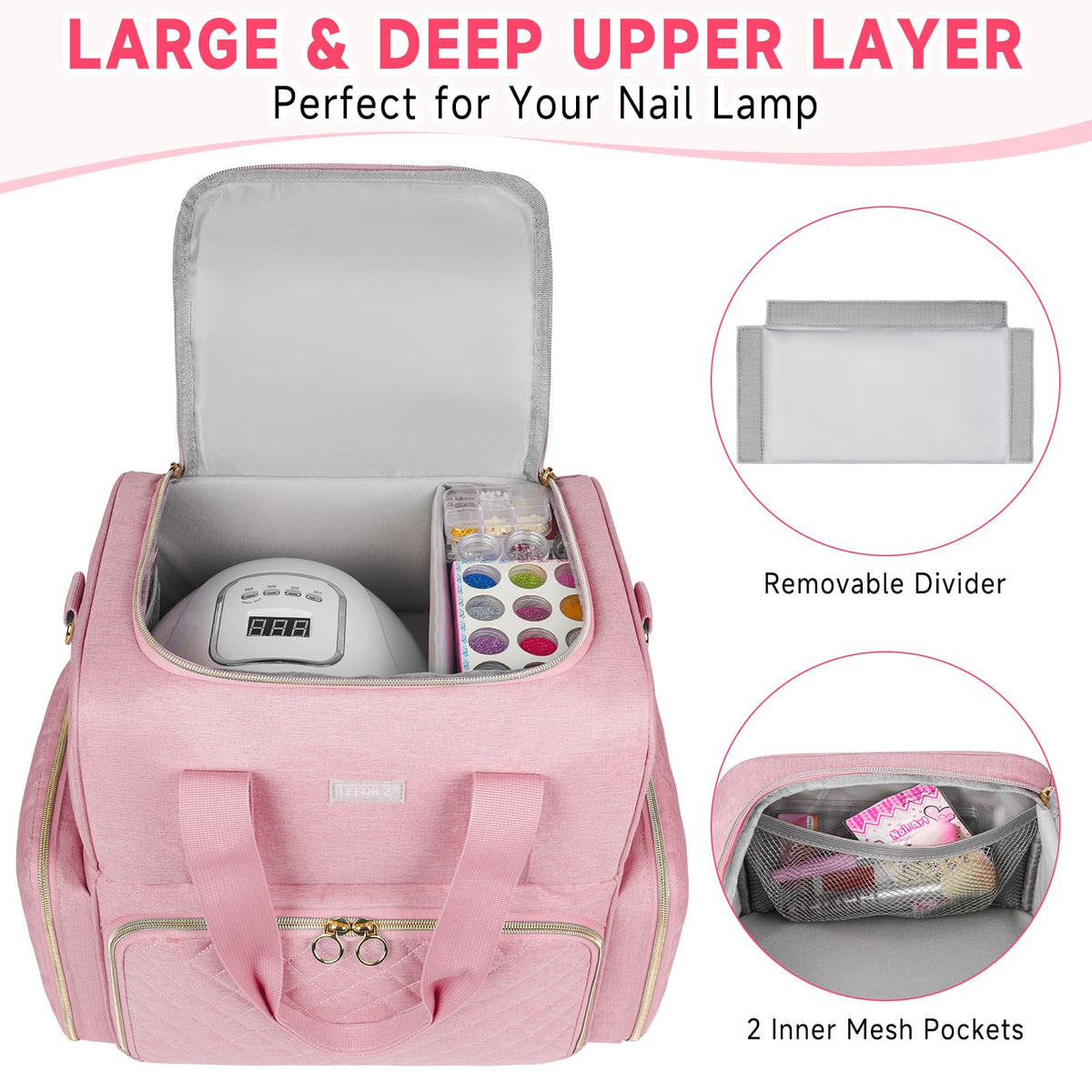 Top divider demonstrates LED lamp compatibility for flexible nail art setups.