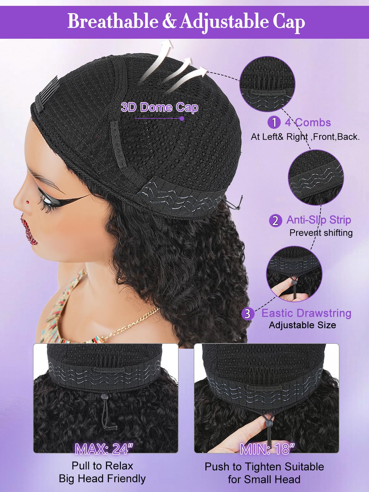 Legendhair Burmese Curly Half Wig adjustable drawstring cap offers comfortable fit