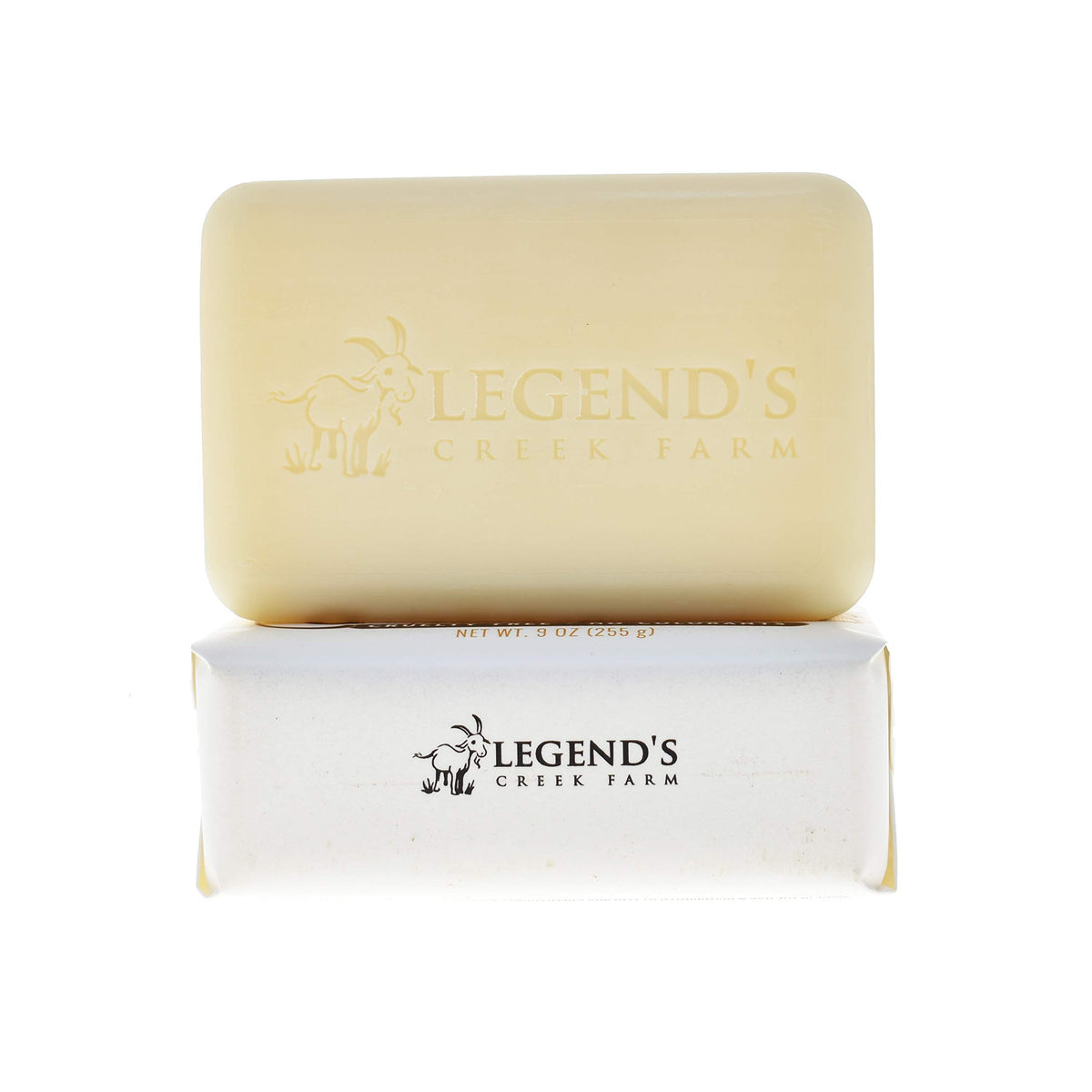 Legend's Creek unscented goat milk soap on a bathroom shelf.