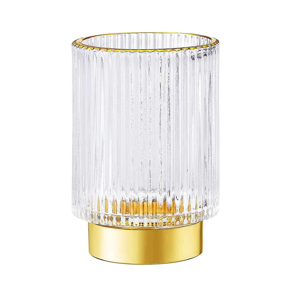 LEICURACE glass brush holder with striped design and golden edge for elegant organization.