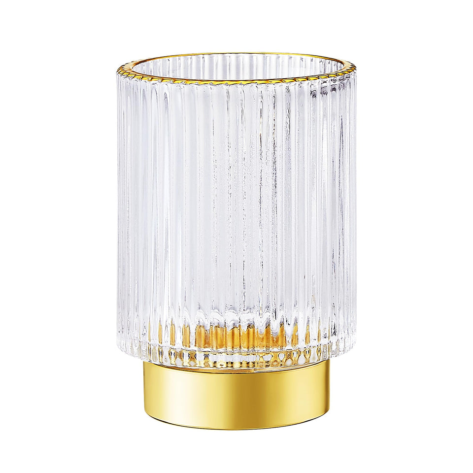 LEICURACE glass brush holder with striped design and golden edge for elegant organization.