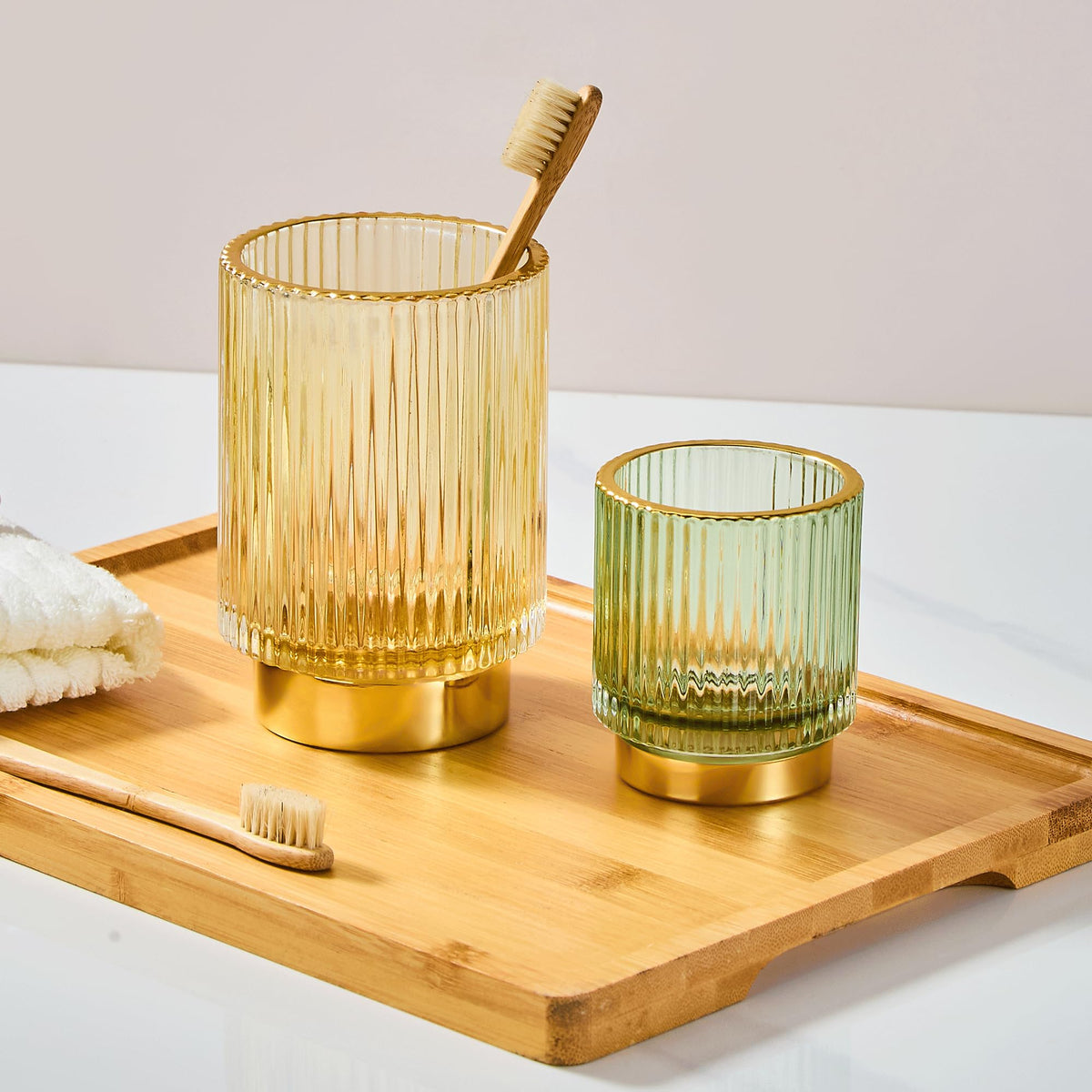 LEICURACE toothbrush holder with gold rim elevates bathroom storage