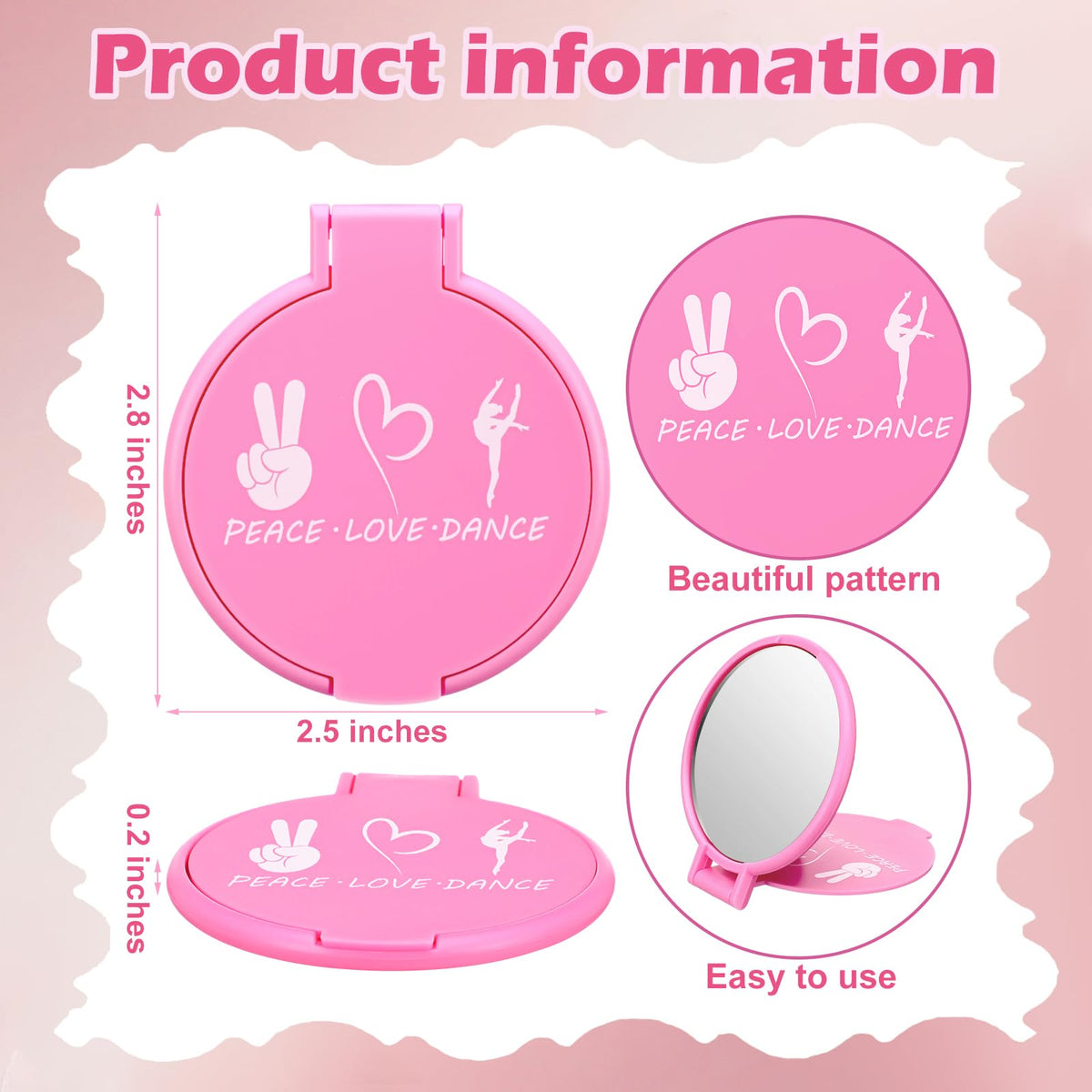 Leinuosen compact pink mirror featuring a dance motif for quick grooming.
