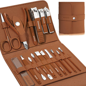 Leipple manicure set shown in an open brown leather case for easy travel storage