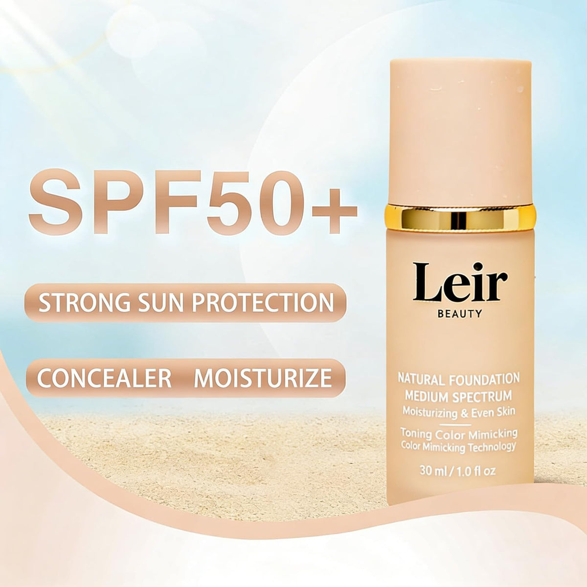Leir Beauty foundation with SPF 50+ and natural glow on skin