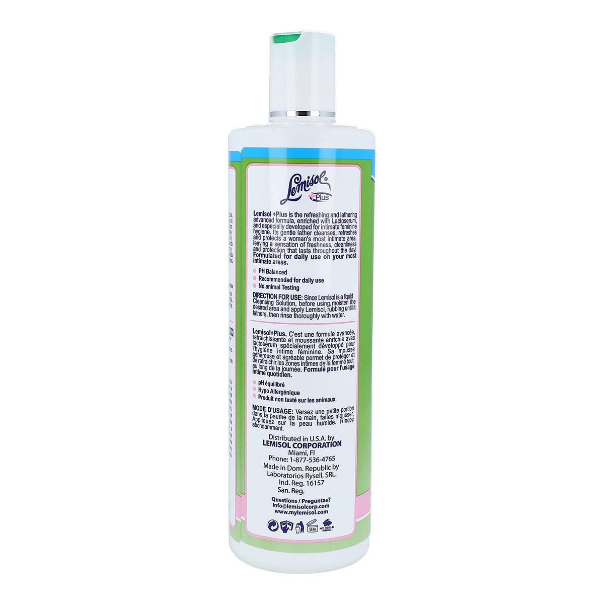 Lemisol Plus gentle cleanser closeup, menthol freshness with aloe and chamomile.