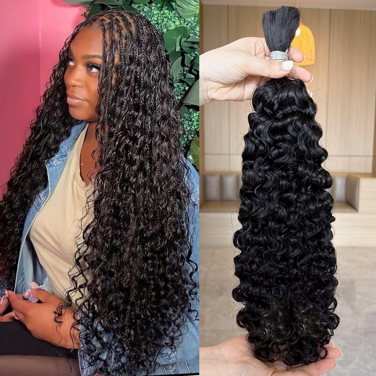 Lemoda Burmese curly bulk hair close-up reveals soft texture for natural braiding.