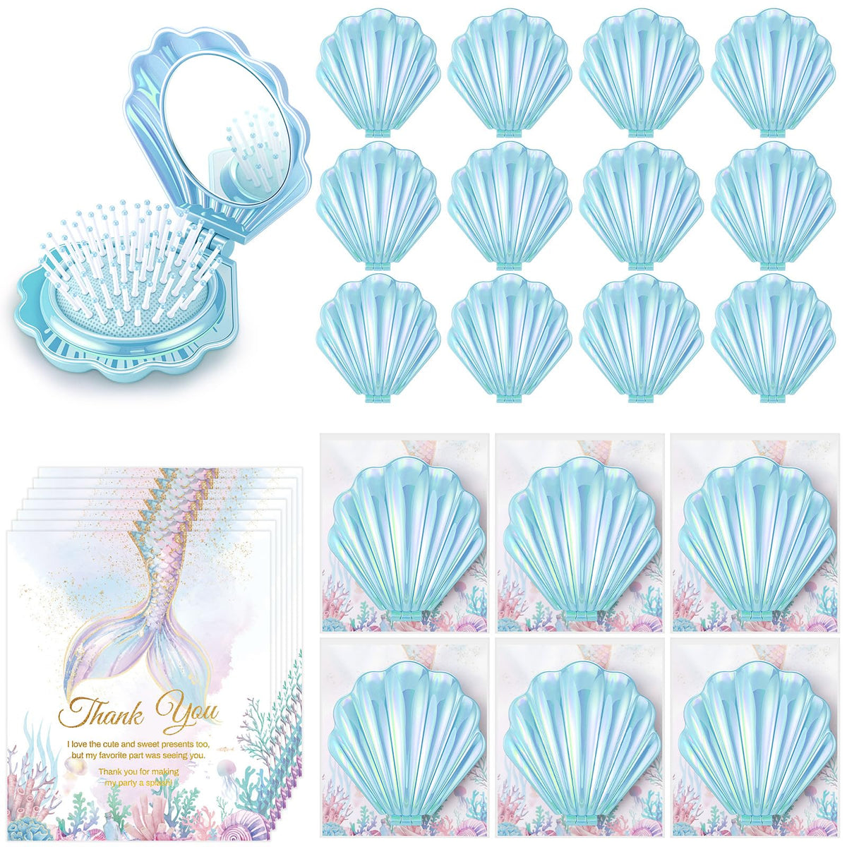LemonRoad Mermaid shell hair brush with foldable mirror in pink for quick touch-ups