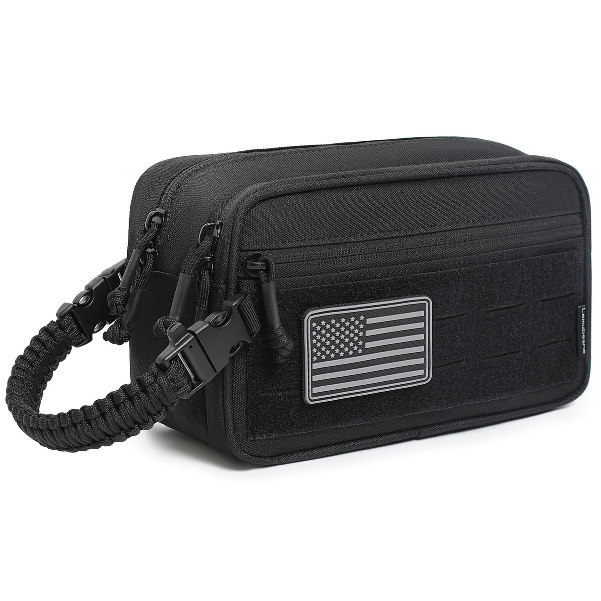 Lemubeane tactical toiletry bag front zip compartment keeps small items organized.