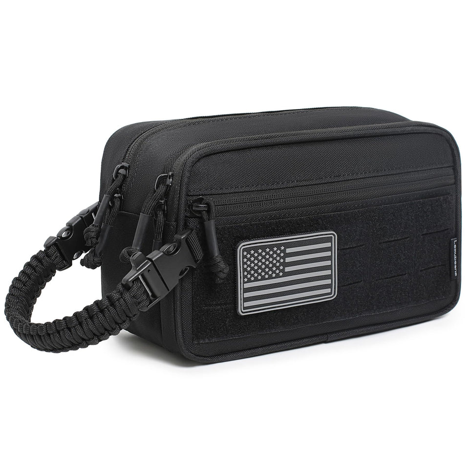 Lemubeane tactical toiletry bag front zip compartment keeps small items organized.