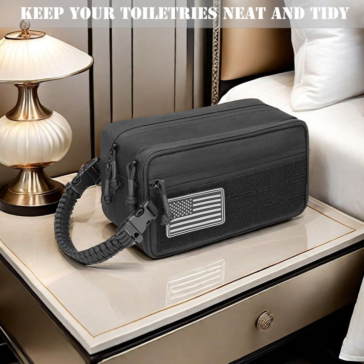 Lemubeane bag shown with grooming items for easy travel organization.