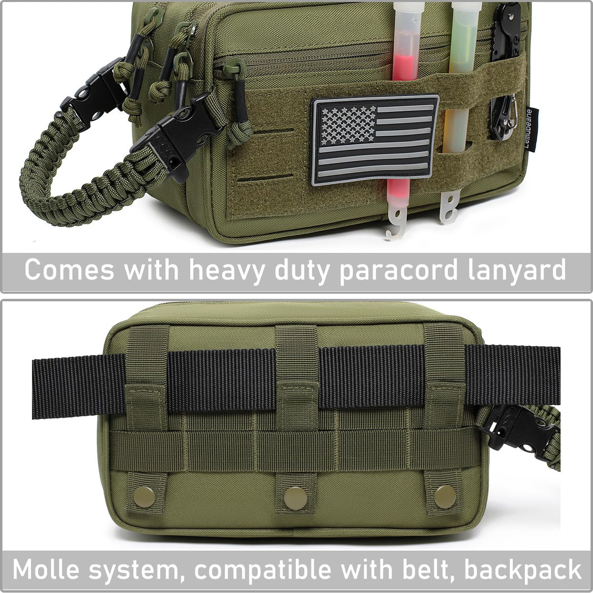 lemubeane tactical toiletry bag od green back view with molle strap attachment