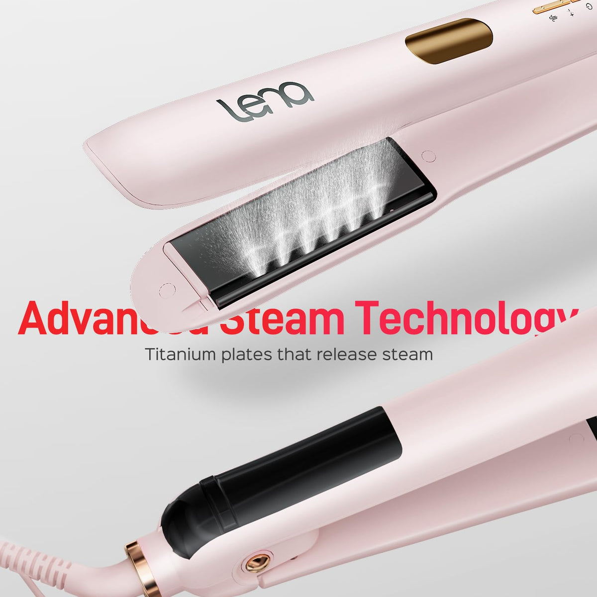 LENA Steam Flat Iron shows titanium plates delivering smoother straightening in one pass.