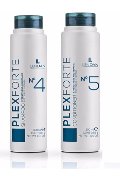 Lendan Plex Forte No4 Shampoo bottle shows hair-strengthening action for smoother, shinier strands.