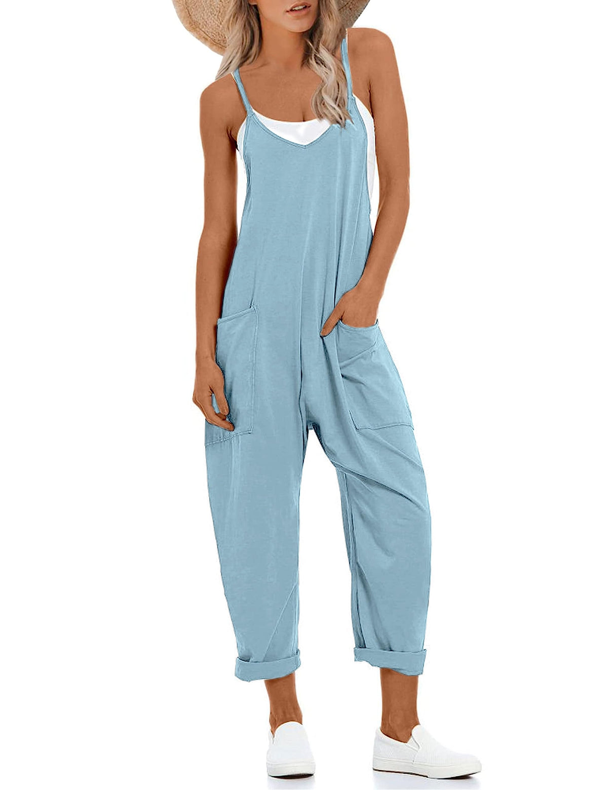 Lentta women's casual jumpsuit front view in light blue showing relaxed fit for easy daily wear
