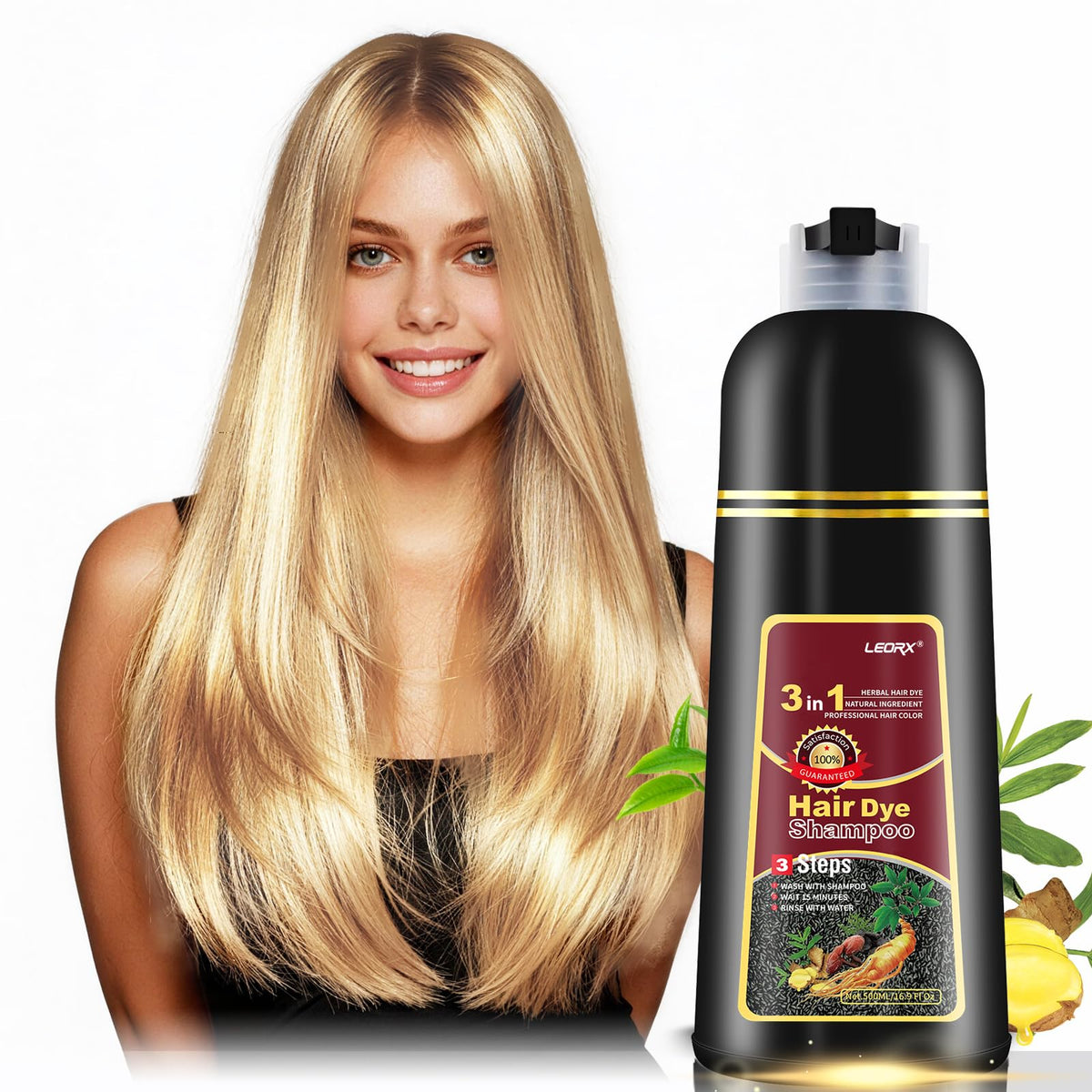Leorx Hair Dye Shampoo 3-in-1 bottle for at-home color in stylish blonde.