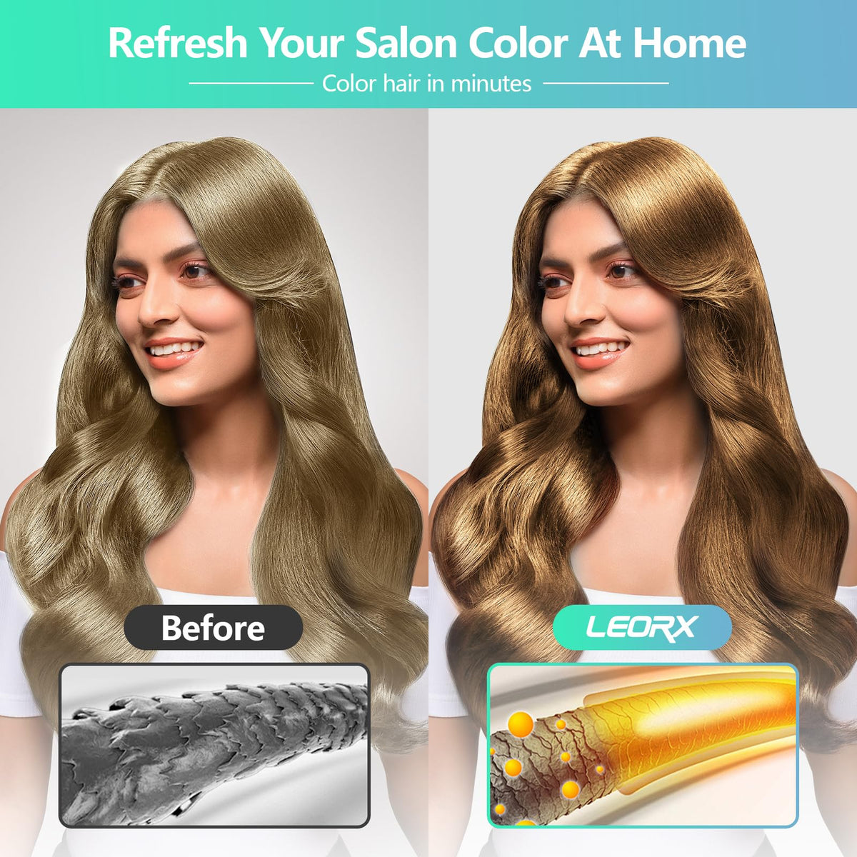 Leorx Hair Dye Shampoo 3-in-1 copper brown color on hair demonstrates quick transformation