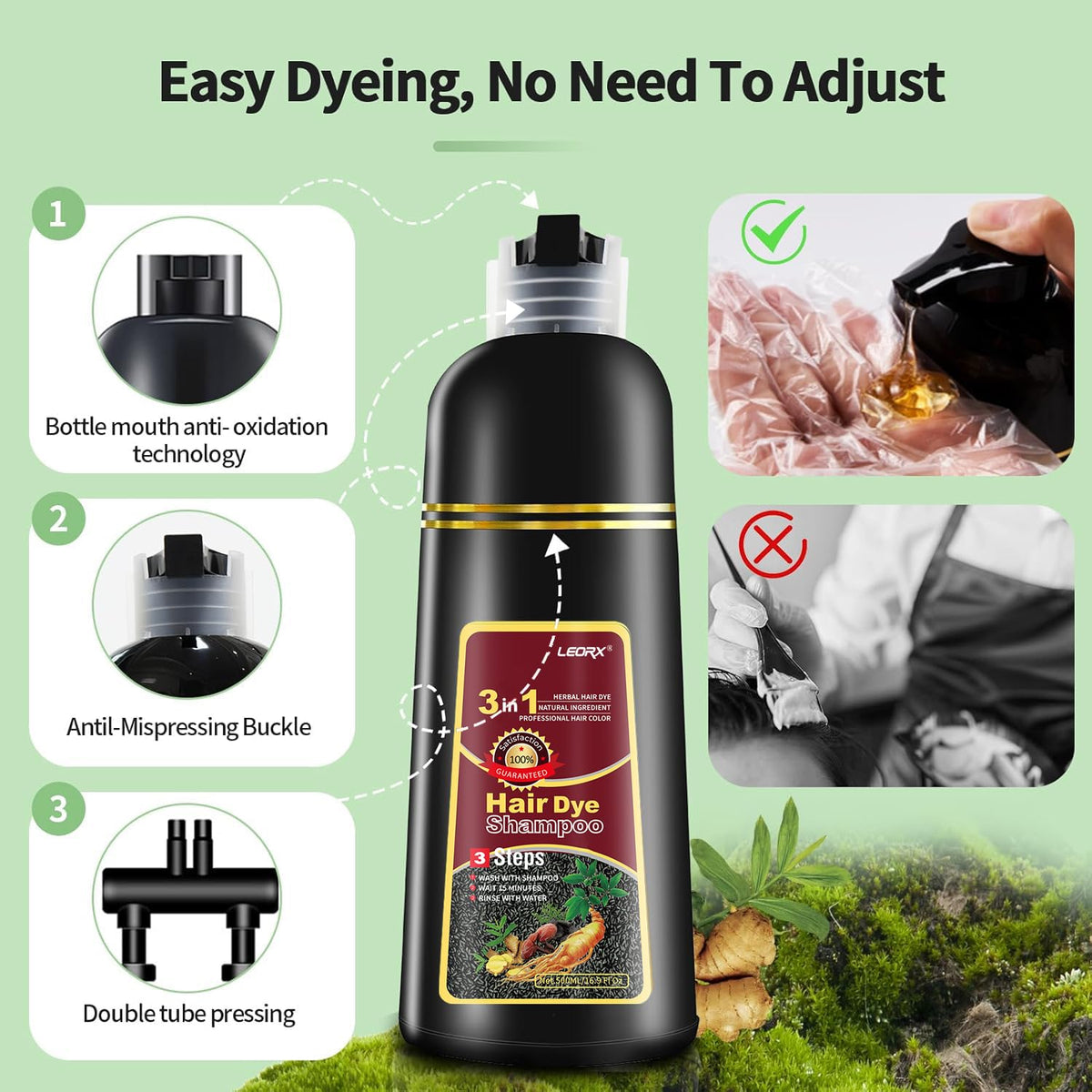 Applying Leorx dye shampoo to hair for even coverage
