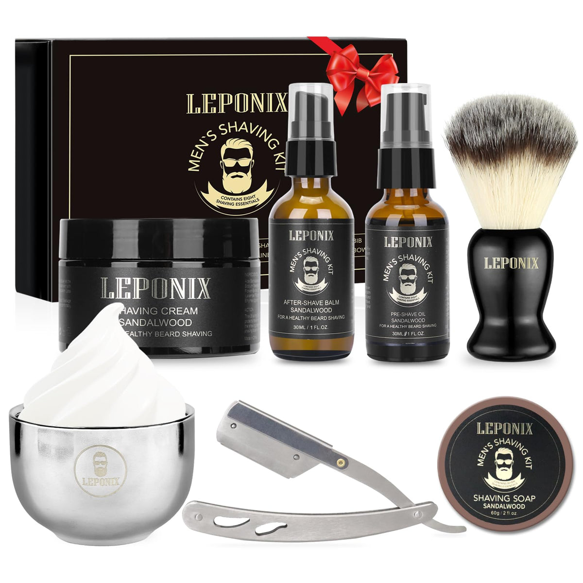 LEPONIX mens shaving kit with straight razor for precise shaves.