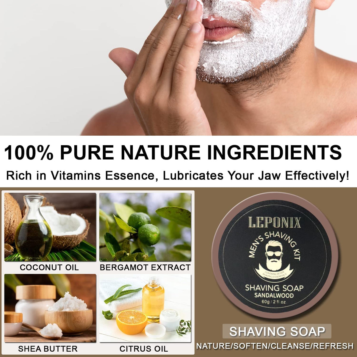LEPONIX pre-shave oil softens stubble for closer comfort.
