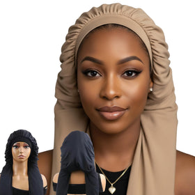 Lesly Beauty long satin bonnet covers braids and locs for full protection.