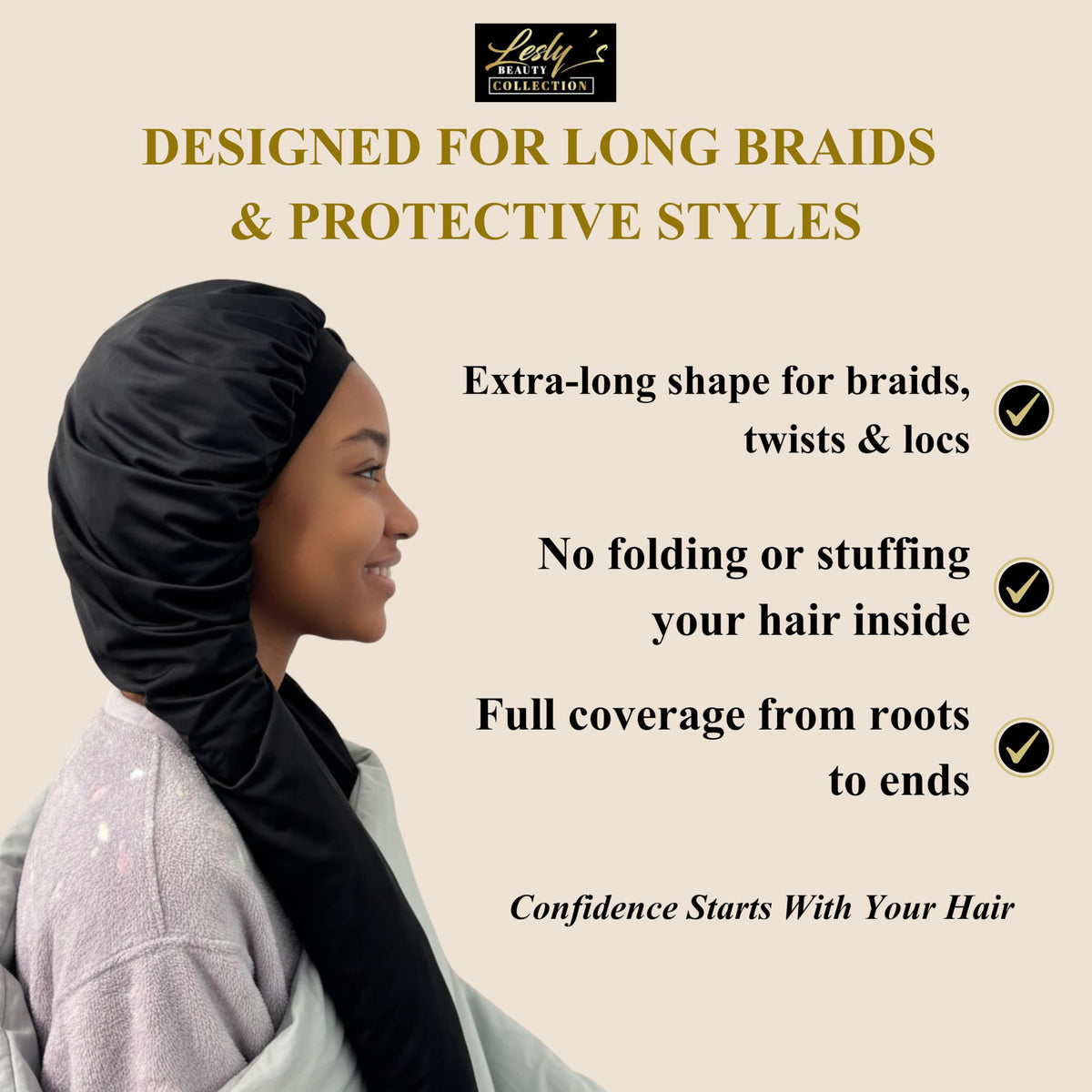 Lesly Beauty soft satin lining reduces friction and frizz during sleep.