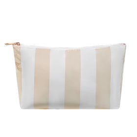 Lestikave large PVC striped makeup bag front view with waterproof exterior for travel cosmetics.