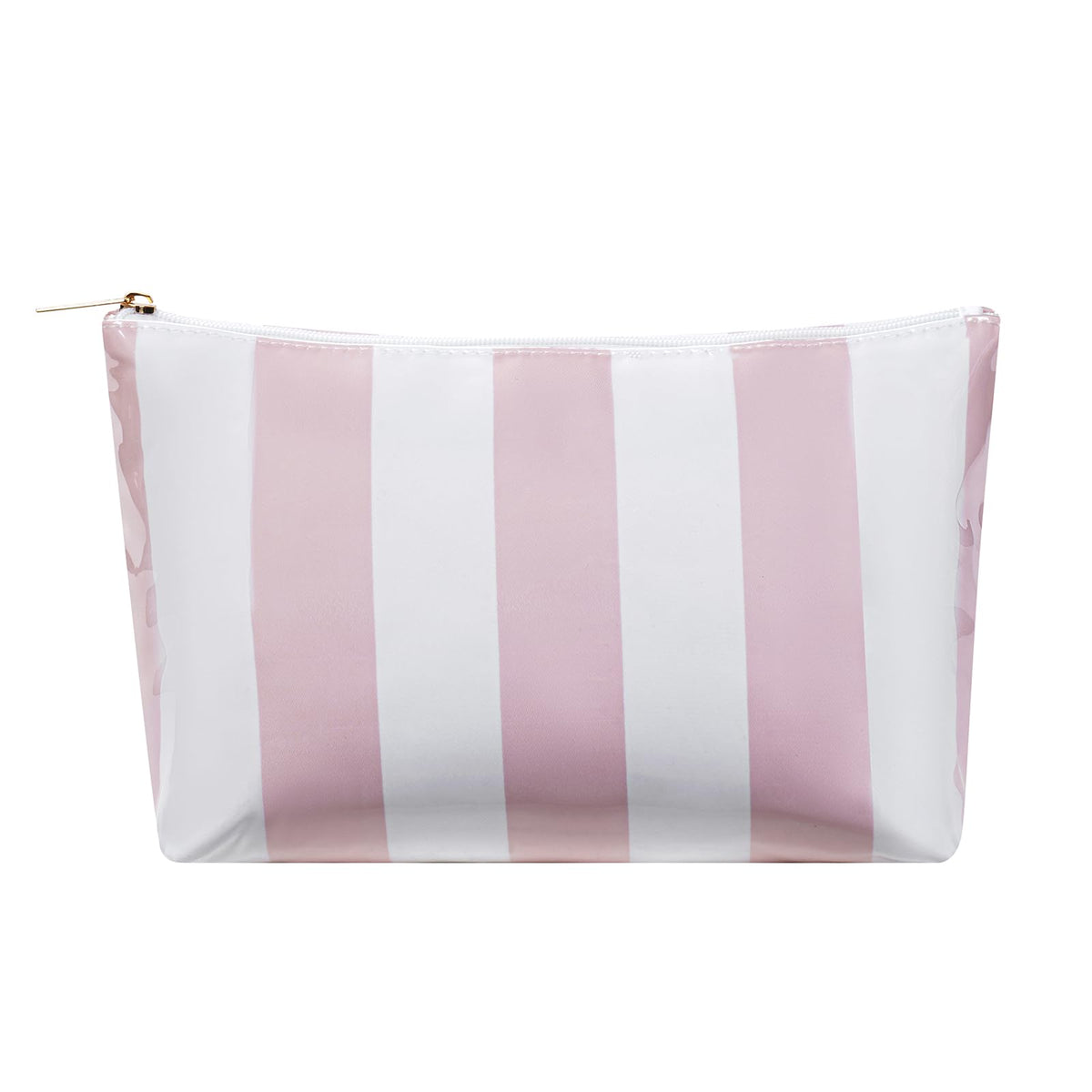 Lestikave makeup bag with pink striped PVC exterior for travel and daily use.