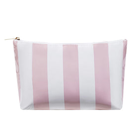 Lestikave makeup bag with pink striped PVC exterior for travel and daily use.