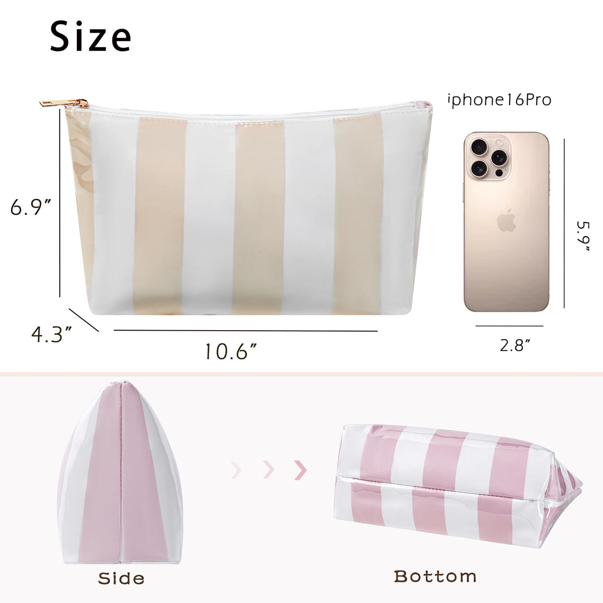 Lestikave striped makeup bag zipper opening for quick access to essentials.