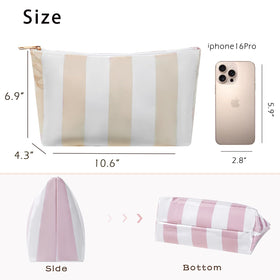 Lestikave striped makeup bag zipper opening for quick access to essentials.