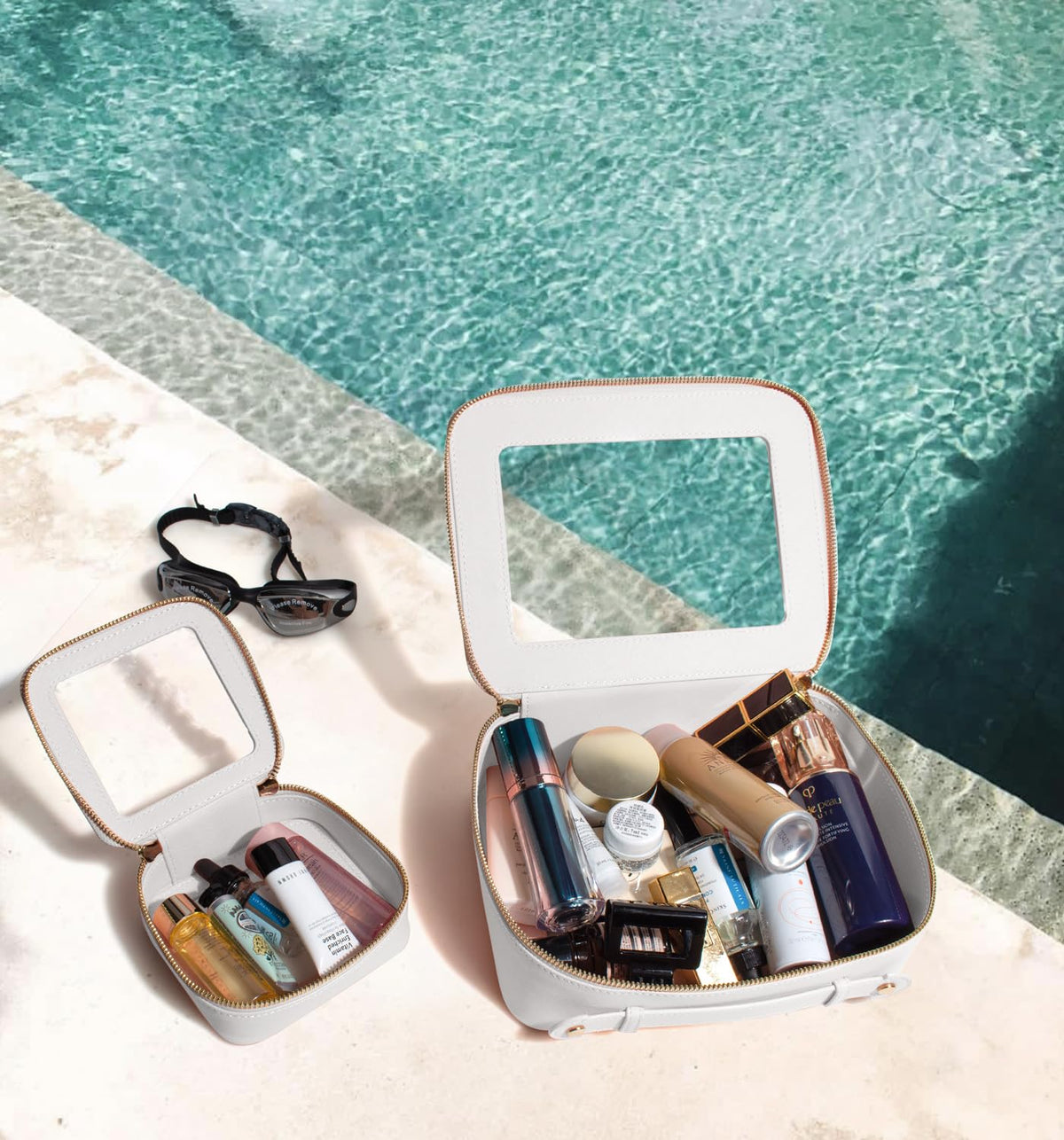 Letgo waterproof clear material bag protects cosmetics from spills during travel.