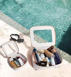 Letgo waterproof clear material bag protects cosmetics from spills during travel.