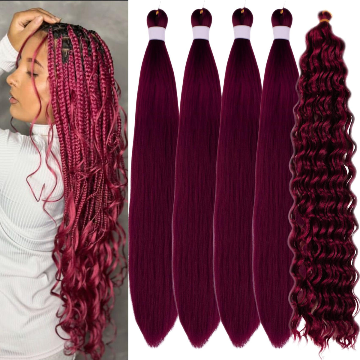 Leticia Burgundy boho braiding hair packs, 26-inch length, for vibrant, quick braids.