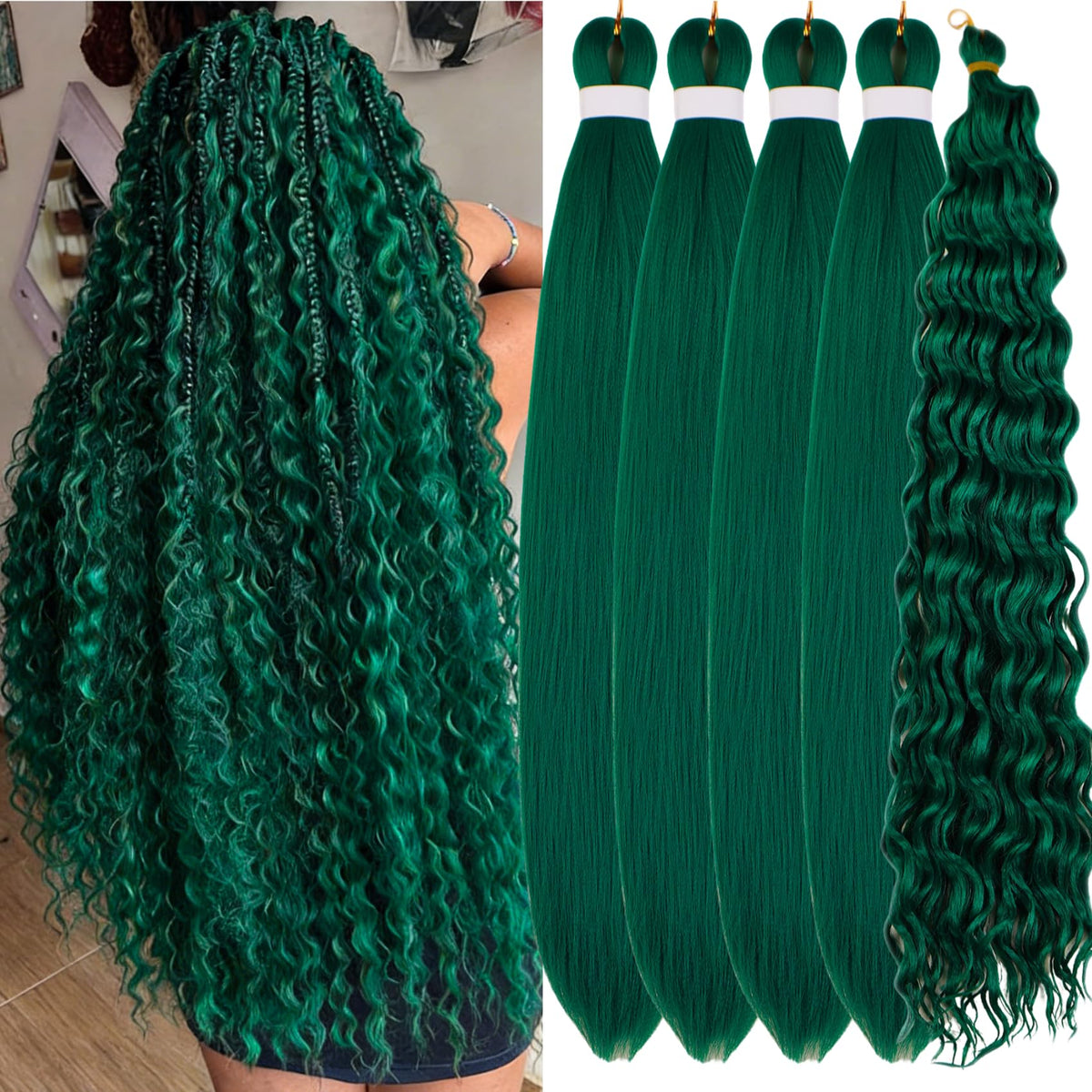 Leticia green pre-stretched braiding hair close-up shows soft texture for comfortable wear