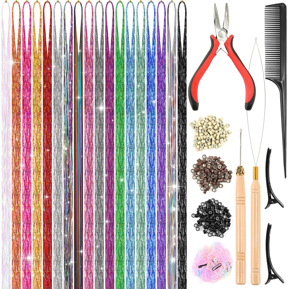 Leuceiy 18-color hair tinsel kit with 48-inch length offers vibrant, customizable sparkles for daily glam.