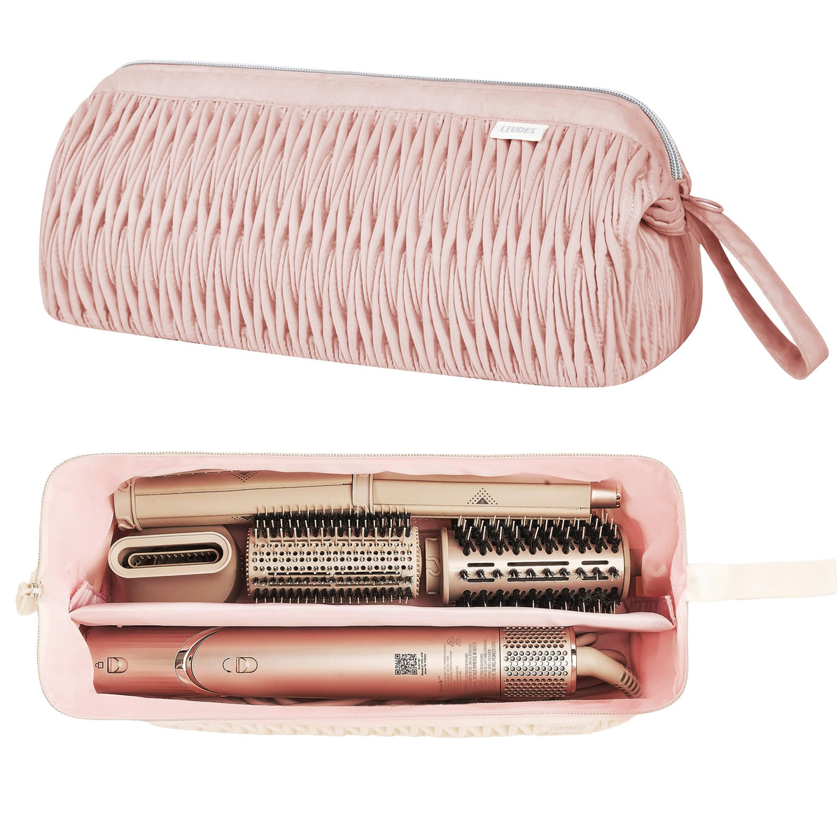 Leudes Dyson Airwrap travel case pink open for easy access to tools