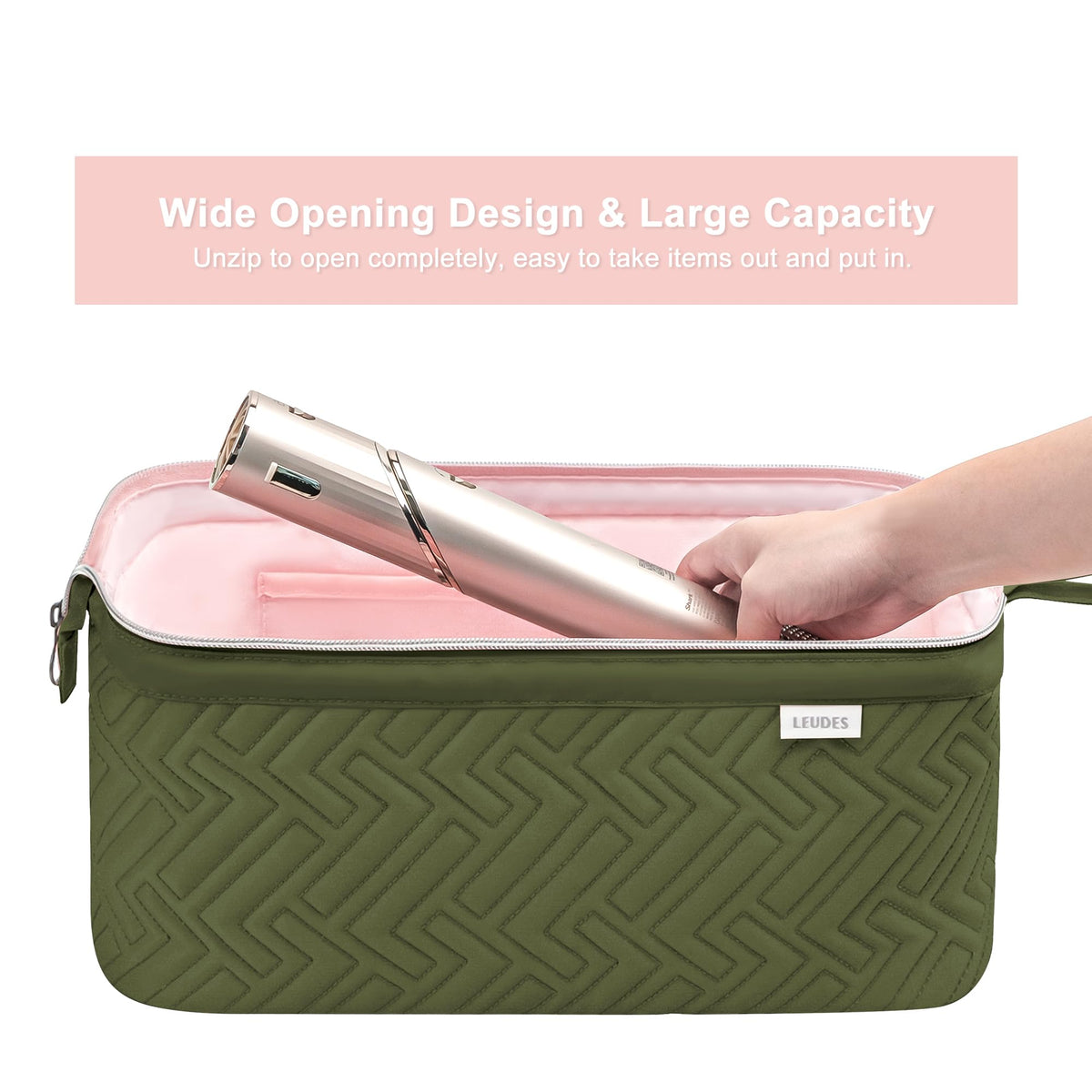 Interior padded compartments in Leudes bag keeping wand and dryer secure