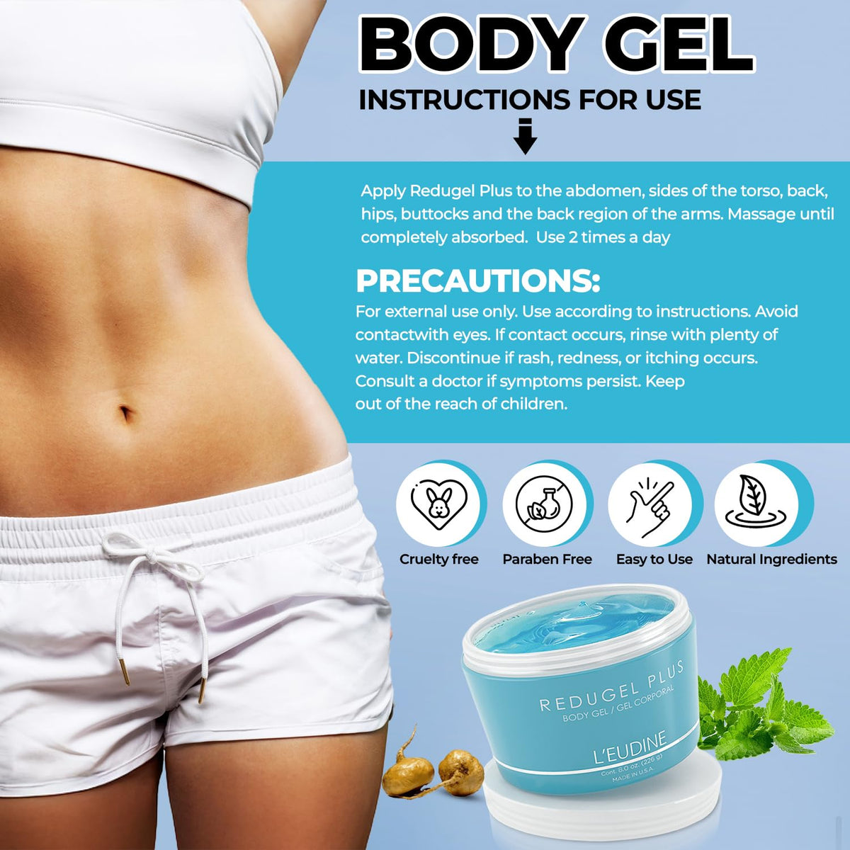 L’EUDINE Redugel Plus daily application supports overall body firmness and smoother texture.