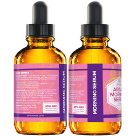 Close-up on ingredient list of Leven Rose Argan Morning Serum 100 natural and organic