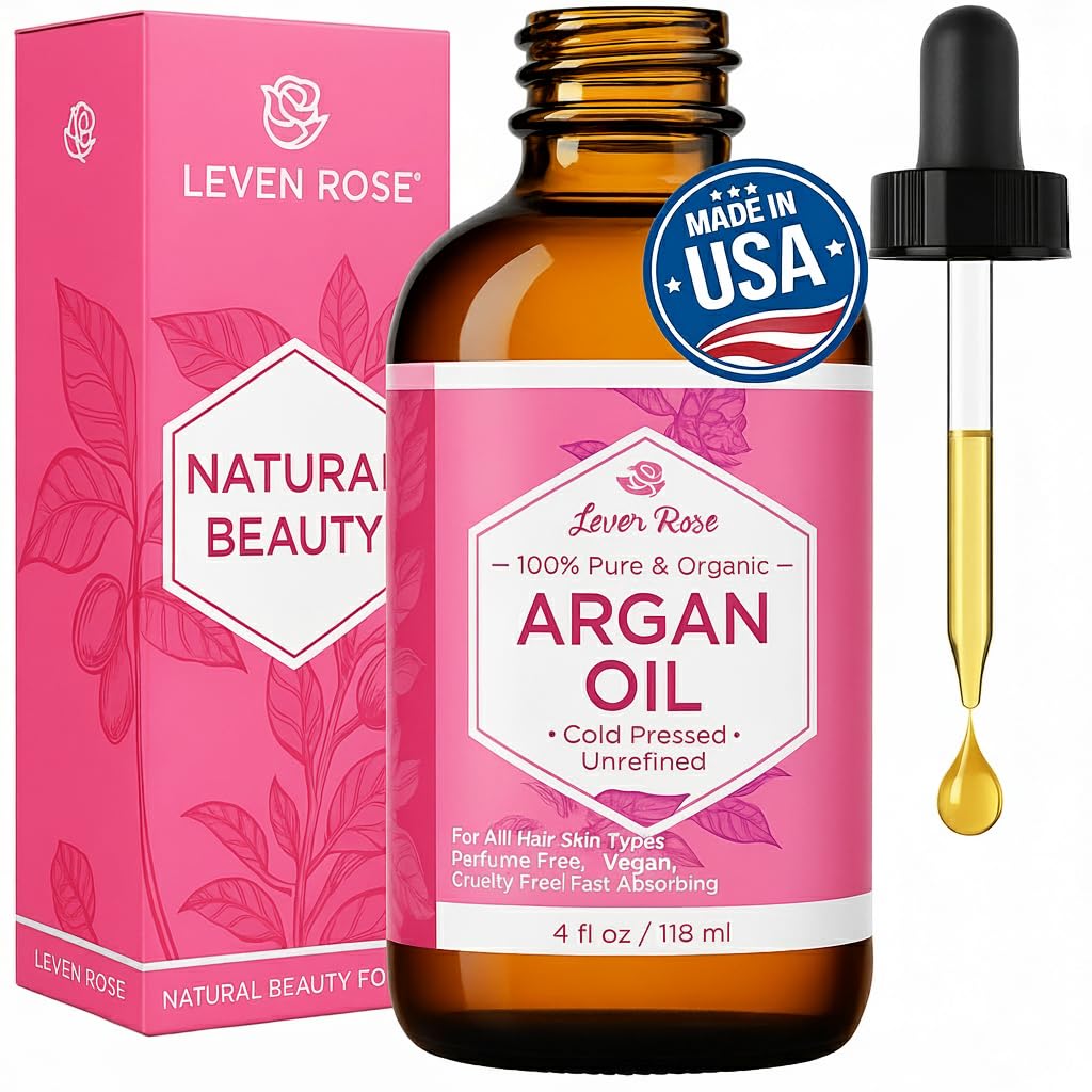 Leven Rose Argan Oil bottle in dark amber glass preserves potency for hair, skin, and nails.