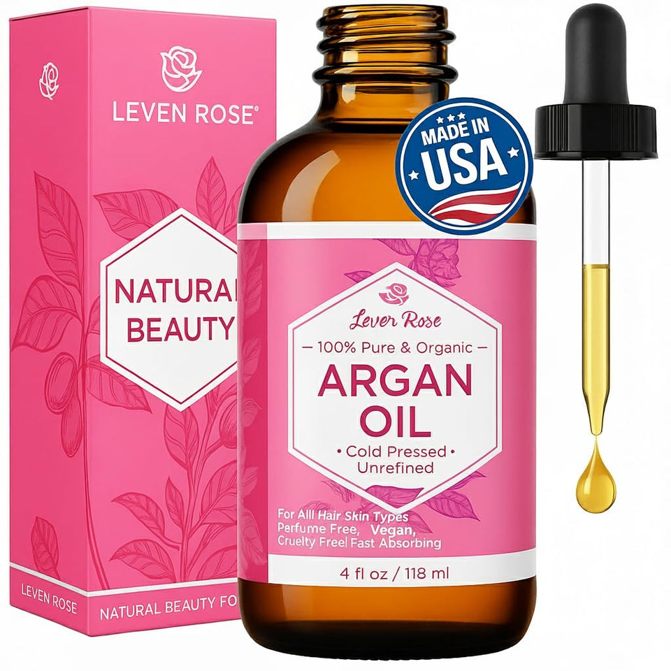 Leven Rose Argan Oil bottle in dark amber glass preserves potency for hair, skin, and nails.