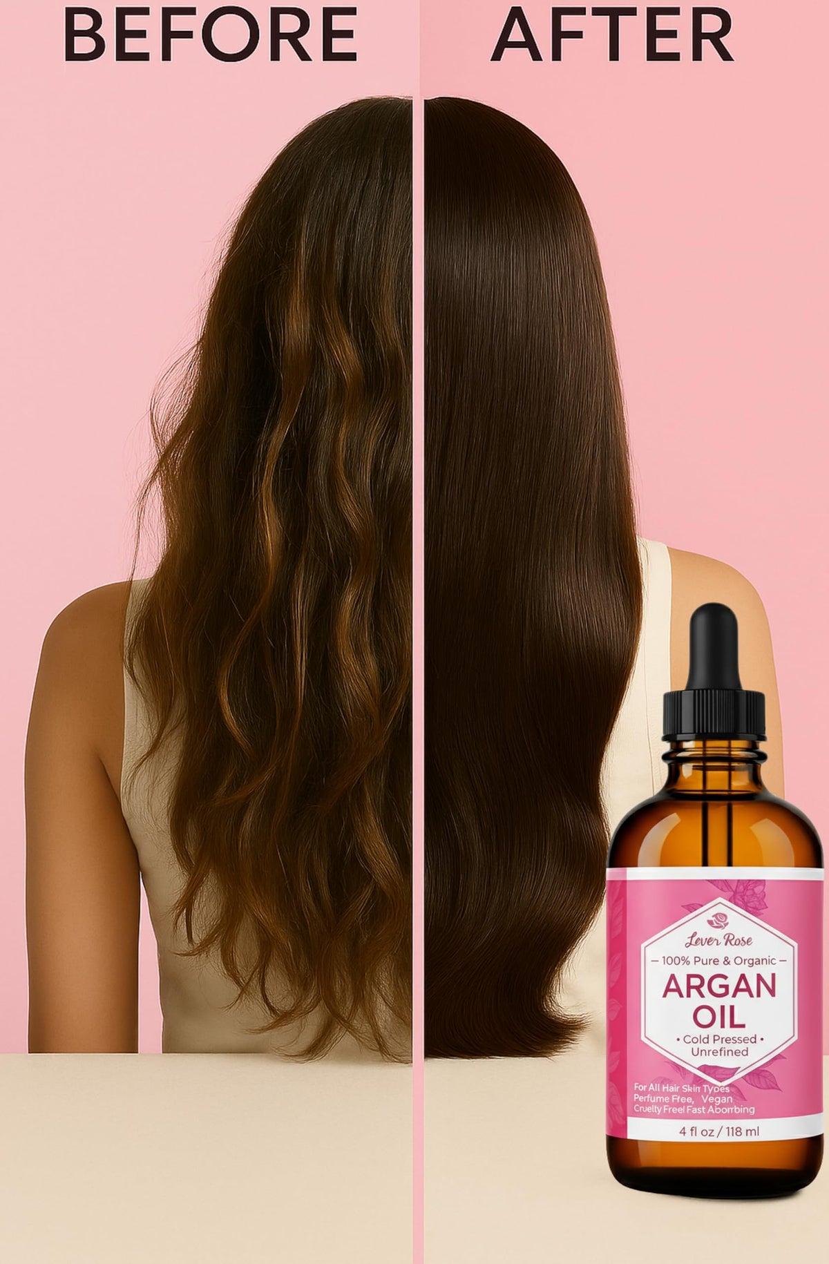 Leven Rose Argan Oil applied to hair to reduce frizz and boost shine.