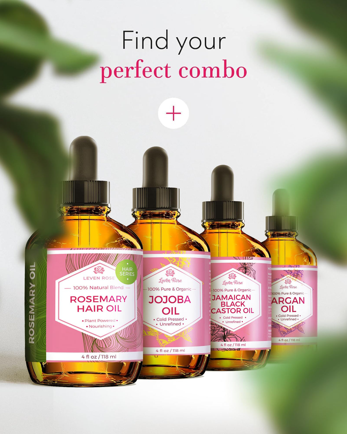 Leven Rose argan oil and shine-enhancing blend visible in bottle.