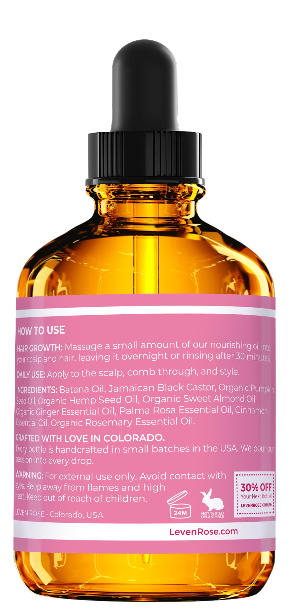 Sustainable packaging of Leven Rose Batana Oil on display.
