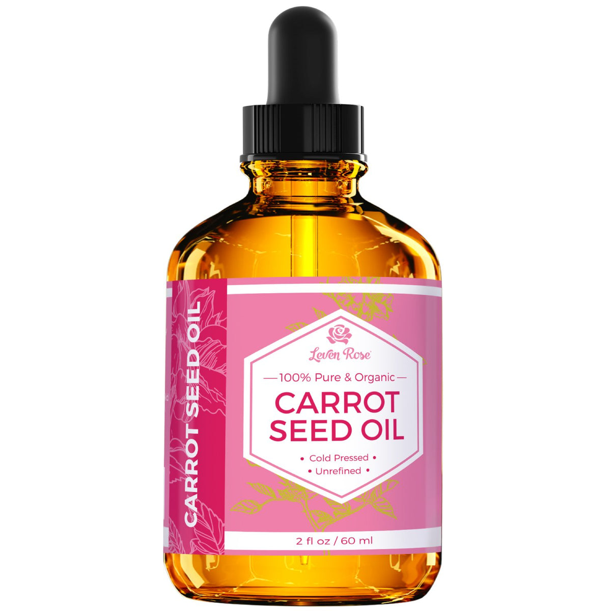 Close-up texture of Leven Rose carrot seed oil showing purity for skin and hair.