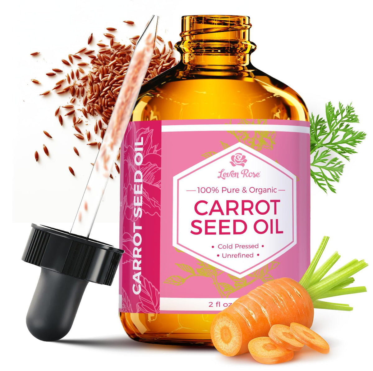 Leven Rose carrot seed oil bottle shown for daily skin and hair care.