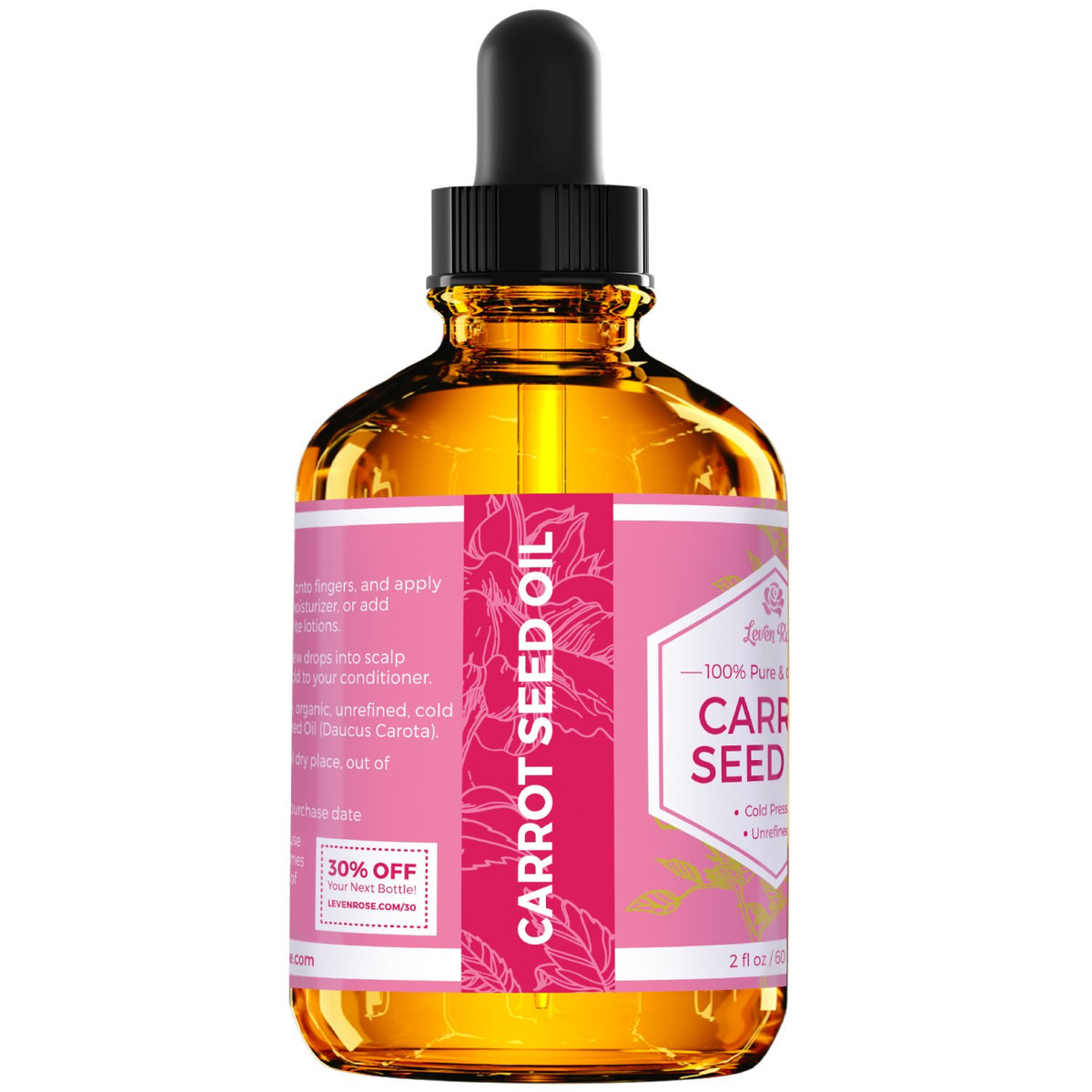 Leven Rose carrot seed oil in amber glass bottle preserving freshness for use.