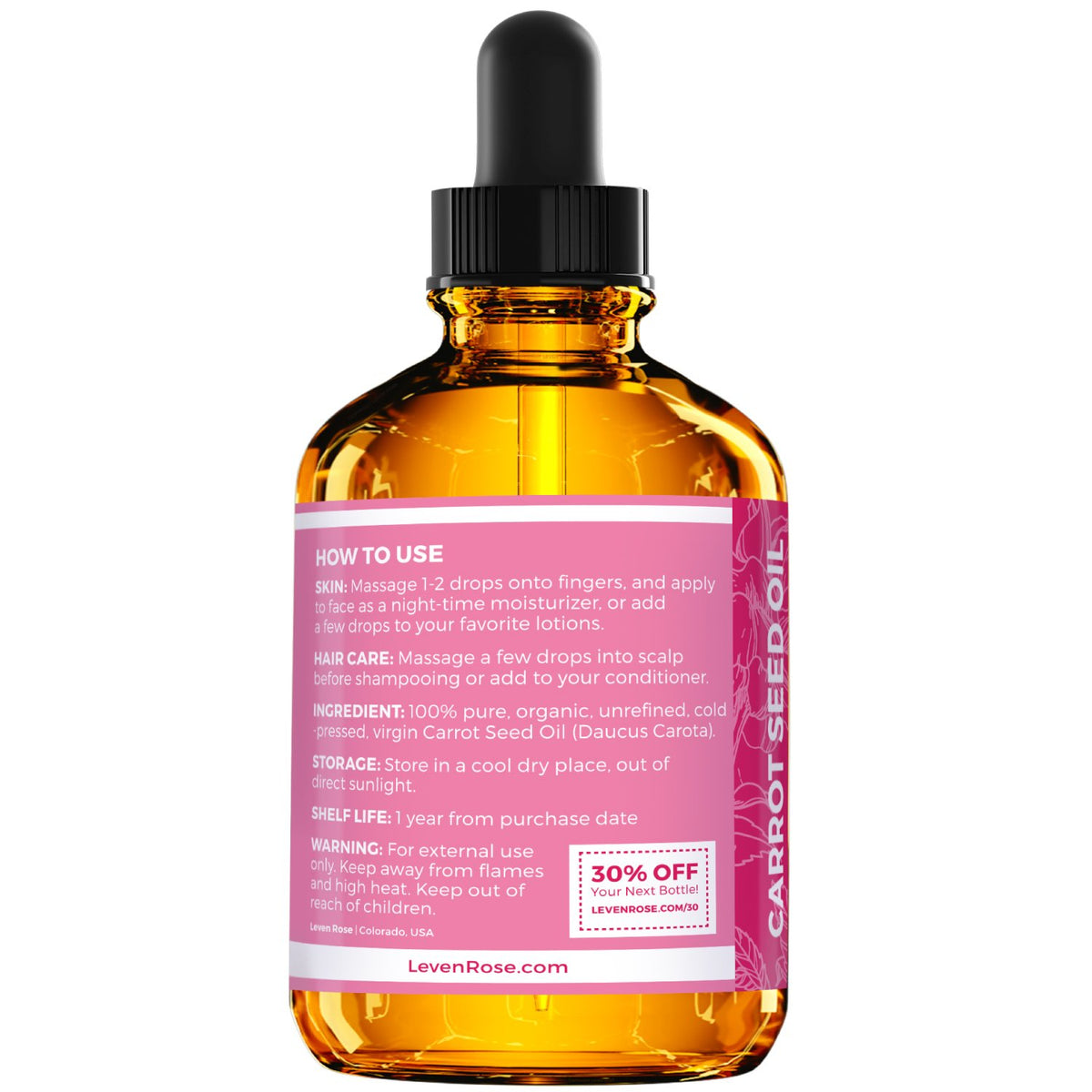 Close-up of Leven Rose carrot seed oil dropper for easy blending into lotions.